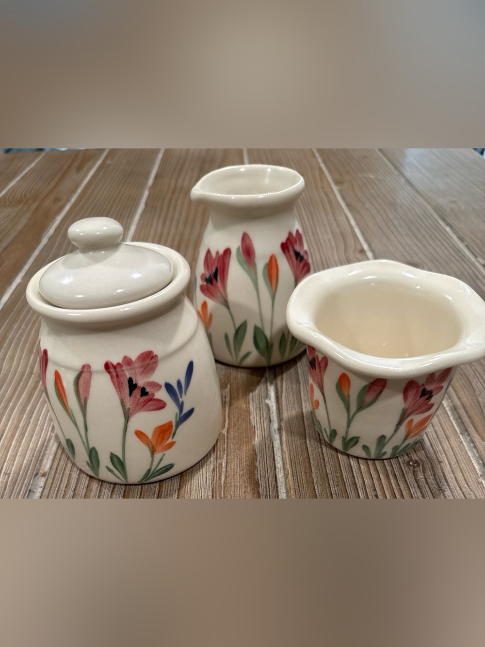 Emerson Creek Pottery Wildflower 3pc Sugar Creamer Set 2011 Bedford VA Handmade